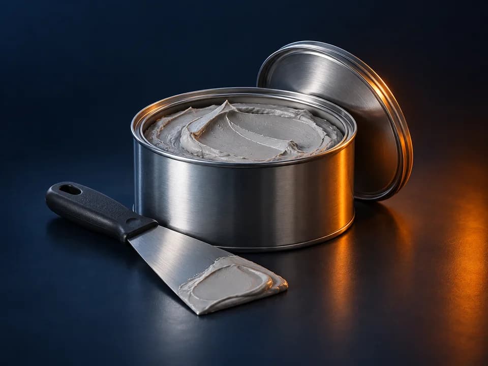 Çelik macun türünü temsil eden açık metal kutu ve macunlu spatula